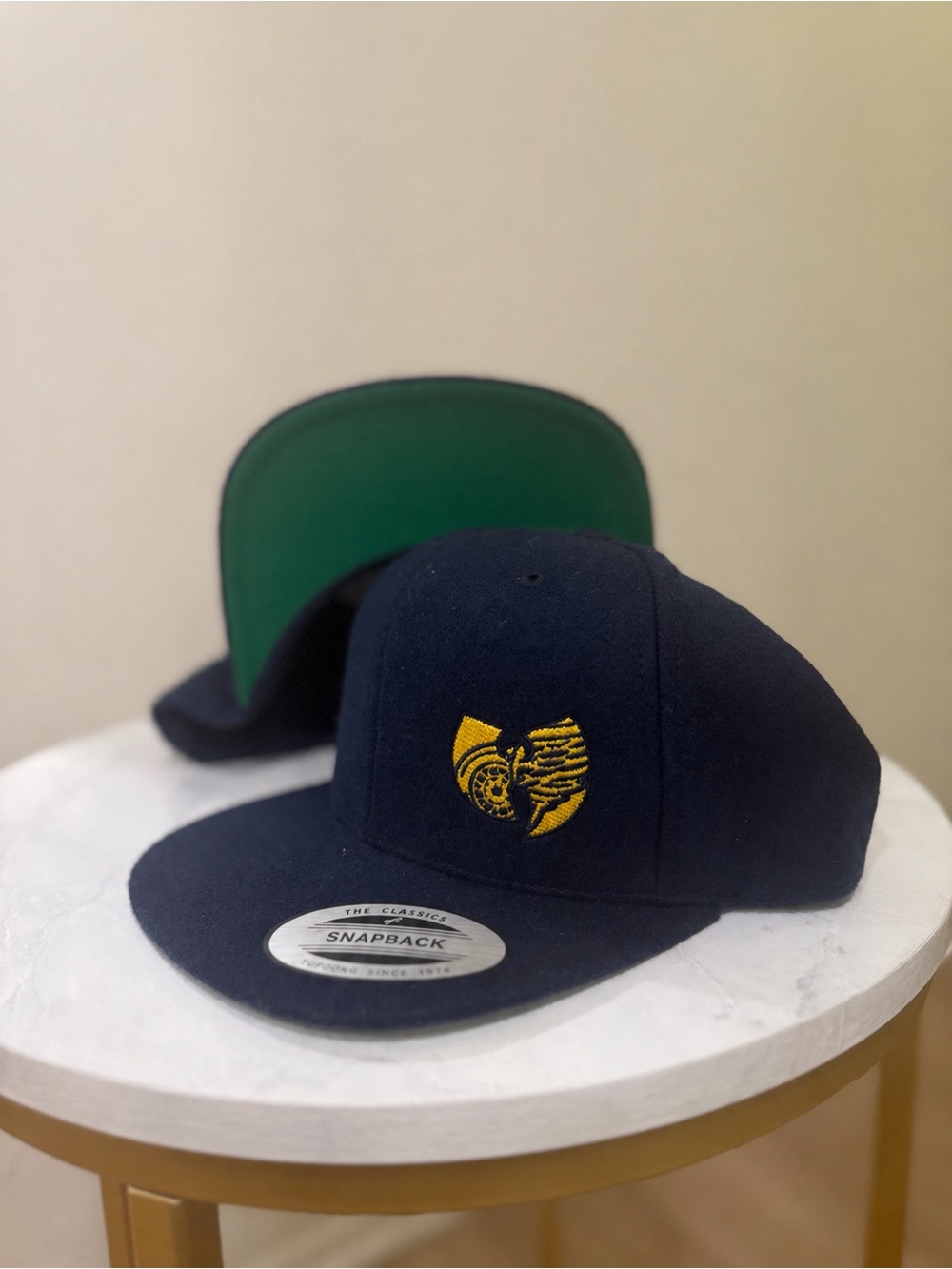 Wu-Tang and Redwings Inspired Navy Snapback Hat with Yellow Logo
